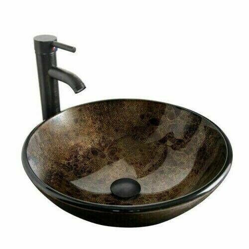 Bathroom Tempered Glass Vessel Sink Counter Pop Up Drain Basin ORB Faucet Bowl