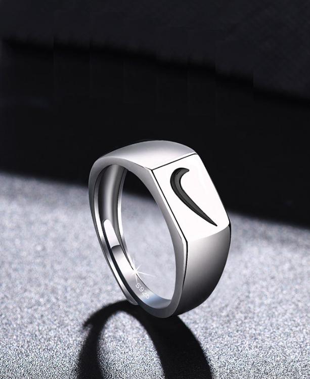 Silver Titanium Unisex Black Hook Nike Symbol Right Marked Adjustable Ring