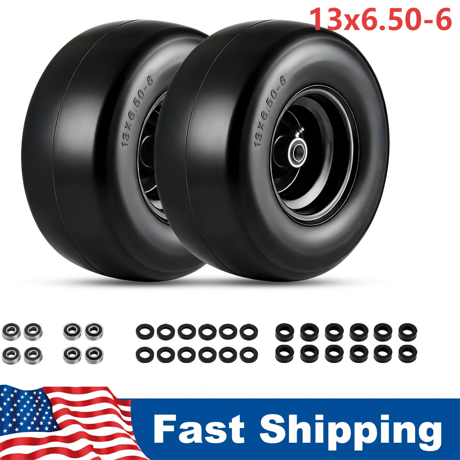 2 pack 13x6.50-6 Flat Free Tire Wheel Set w/ Bearing For Zero-Turn Lawn Mower