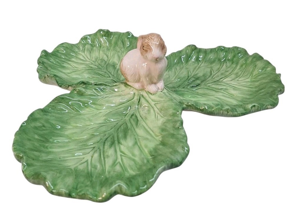 Vtg Ceramic Bunny Cabbage Leaf Divided Plate Easter
