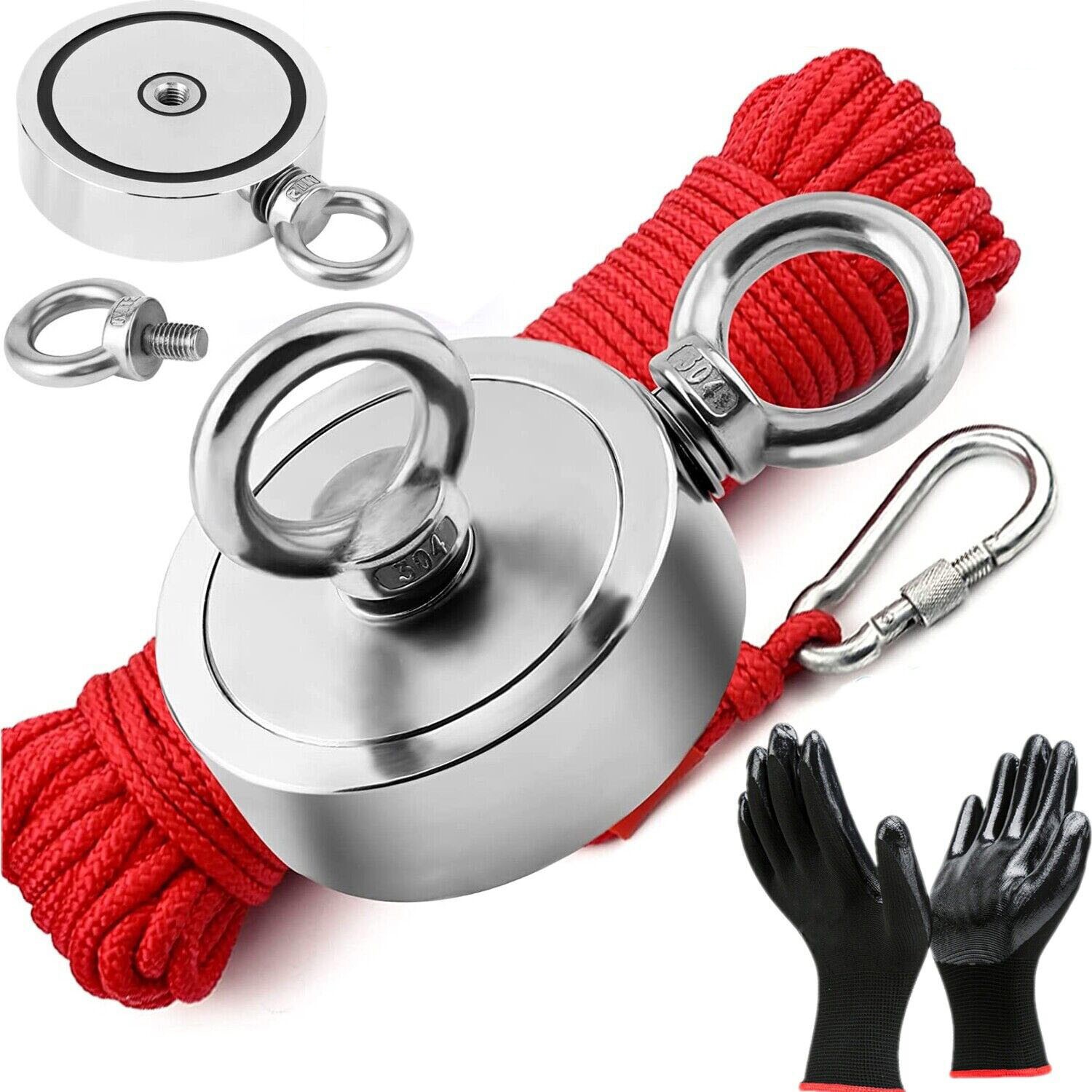 2000 LBS Strong Fishing Magnet Kit Double-Sided Pull Force and Rope Carabiner