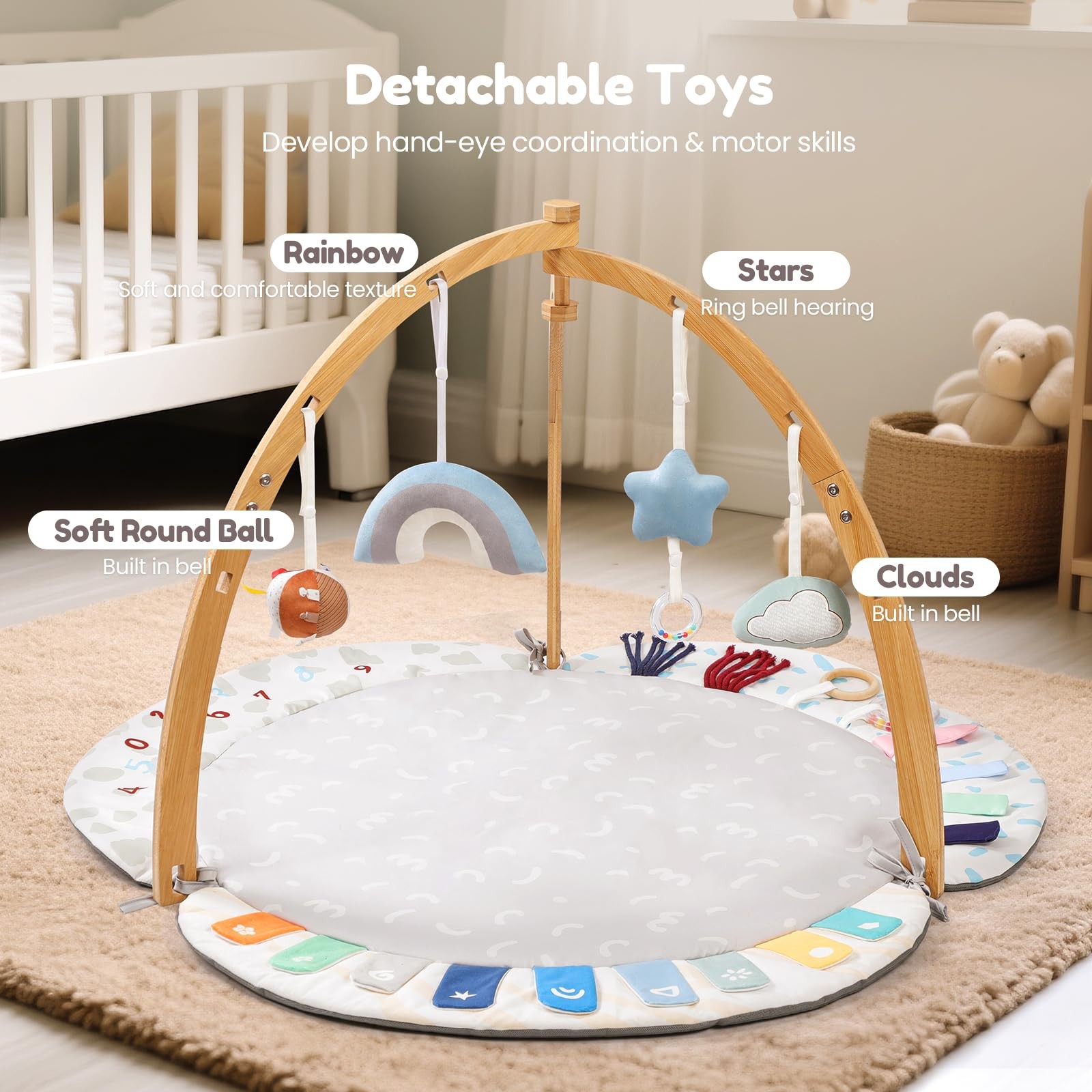 Baby Play Gym & Activity Mat,Natural Organic Bamboo Frame with 4 Detachable S...
