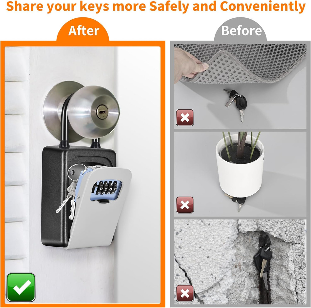 Portable Key Lock Box | 4-Digit Resettable Code | Wall Mount | Gray