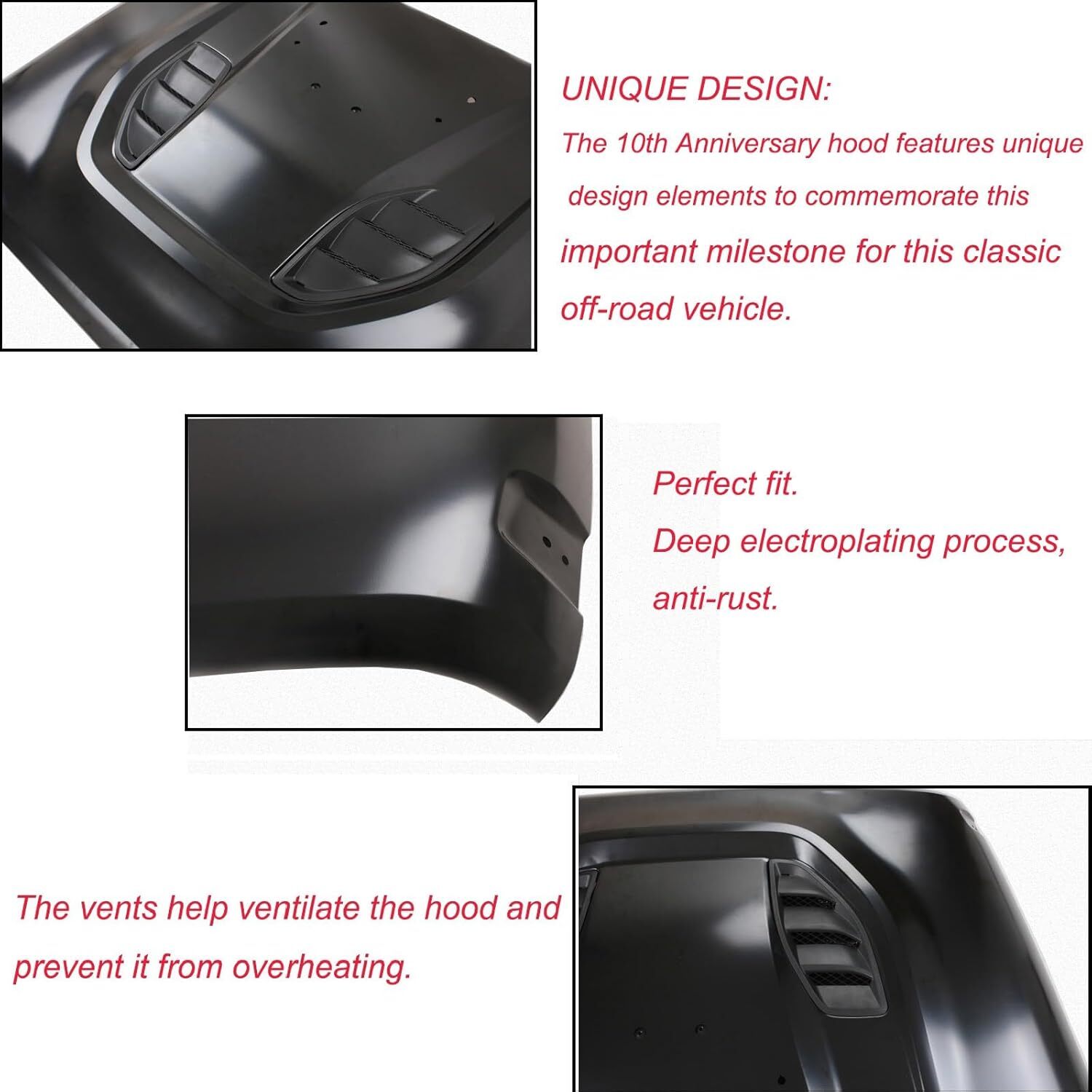 For Jeep Wrangler 2007-2018 JK JKU Black Steel Engine Hood Bonnet Panel Cover