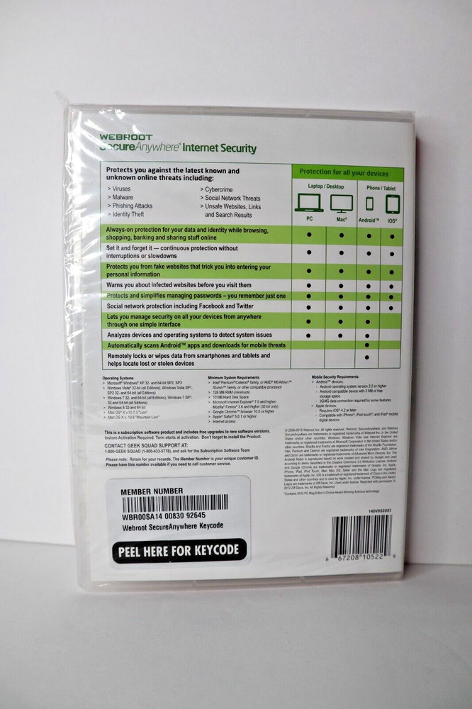Webroot Secure Anywhere PC/Mac/Mobile Android & iOS-3 Devices Internet Security