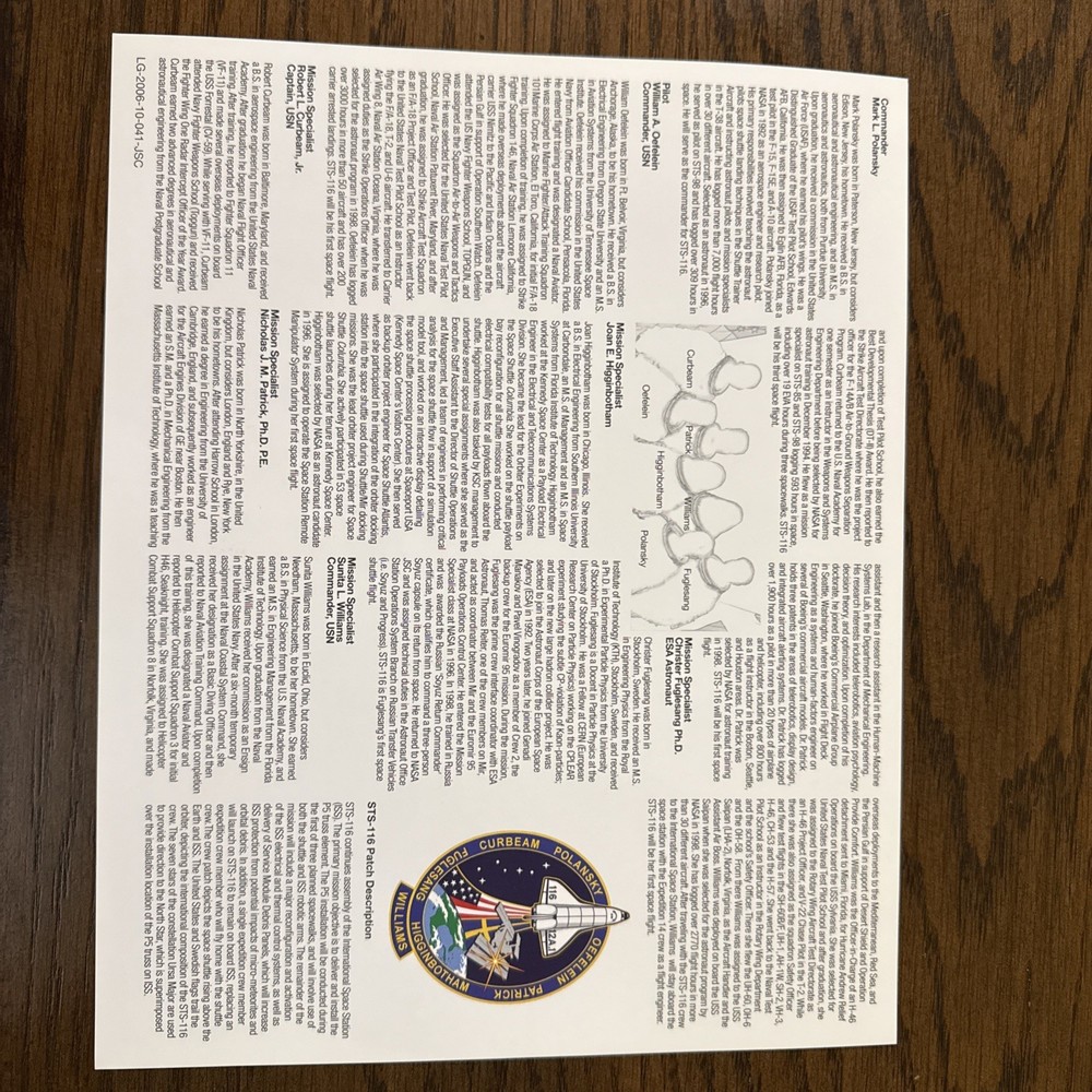 NASA Space Shuttle STS-116 Crew Lithograph (8x10)