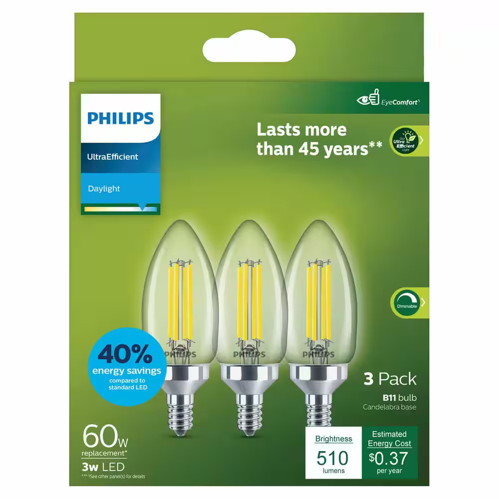 60-Watt Equivalent B11 Ultra Efficient Clear LED Light Bulb 5000K 3-Pack