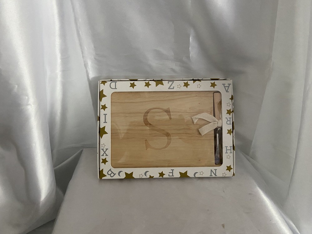 S-Monogrammed solid oak cheeseboard with wood handle monogram spreader 9.75x7.25