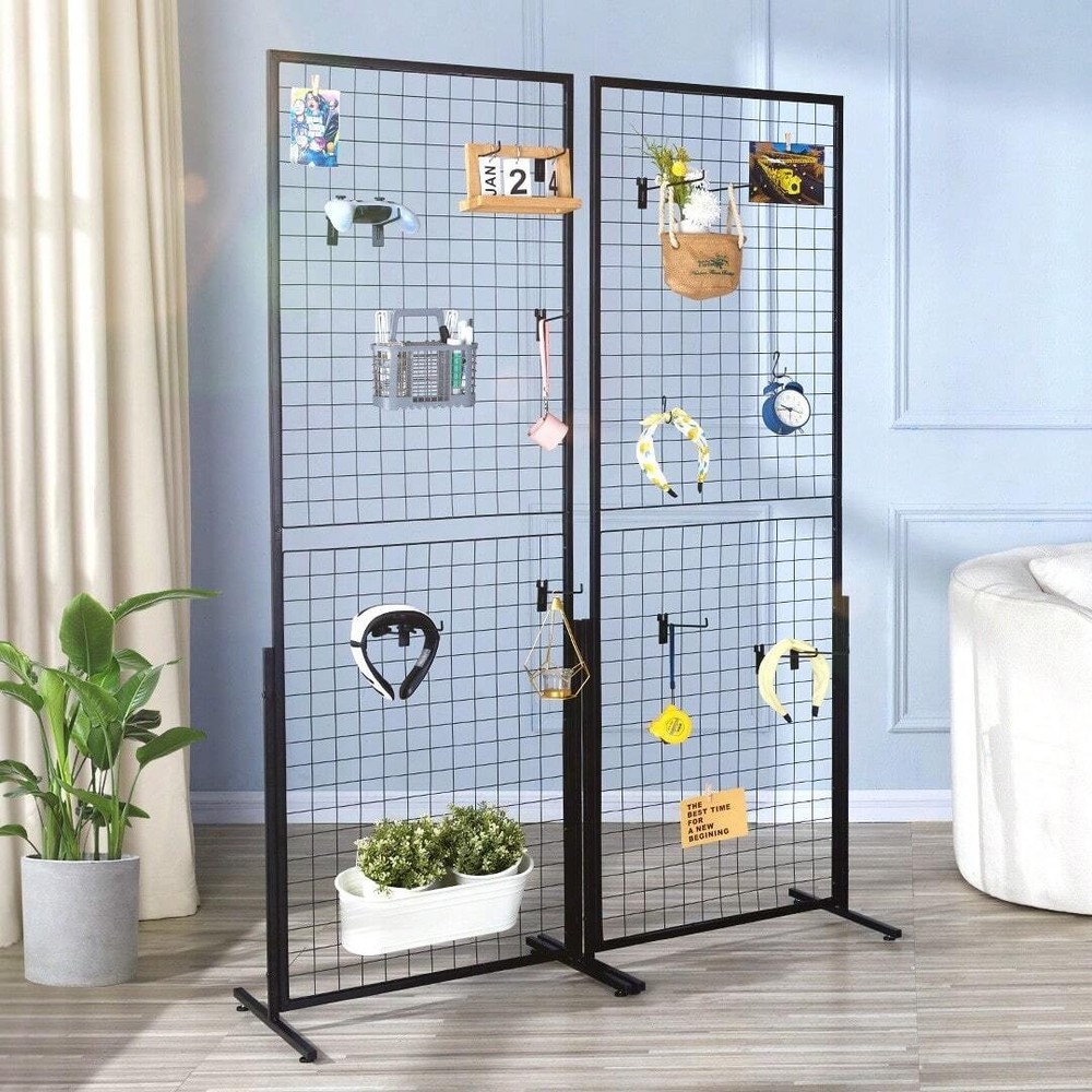 2 Pack Grid Wall Panel Tower 5.6ft Wire Gridwall Display Rack T-Base Hooks Clips