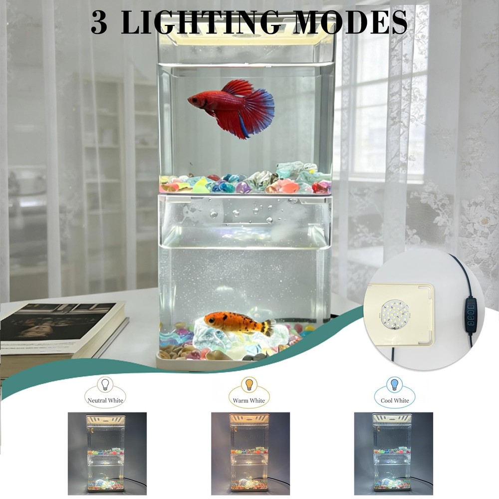 2 Pack 0.3 Gallon Mini Betta Fish Tank With Adjustable Base Light White