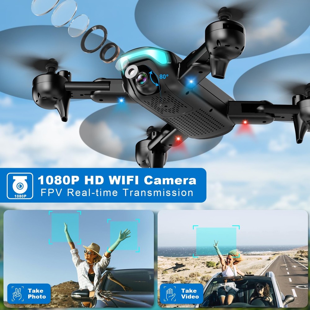 Drone with 1080P Camera, Foldable Drone for Beginners with Light, Upgrade Alt...
