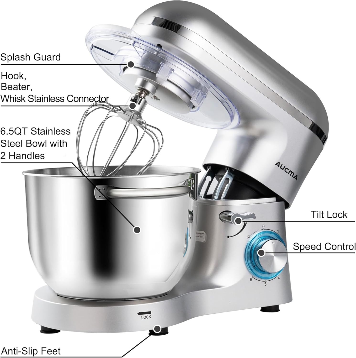 Stand Mixer 6.5QT 660W 6Speed Tilt-Head Multi - functional Dough Mixer Aucma
