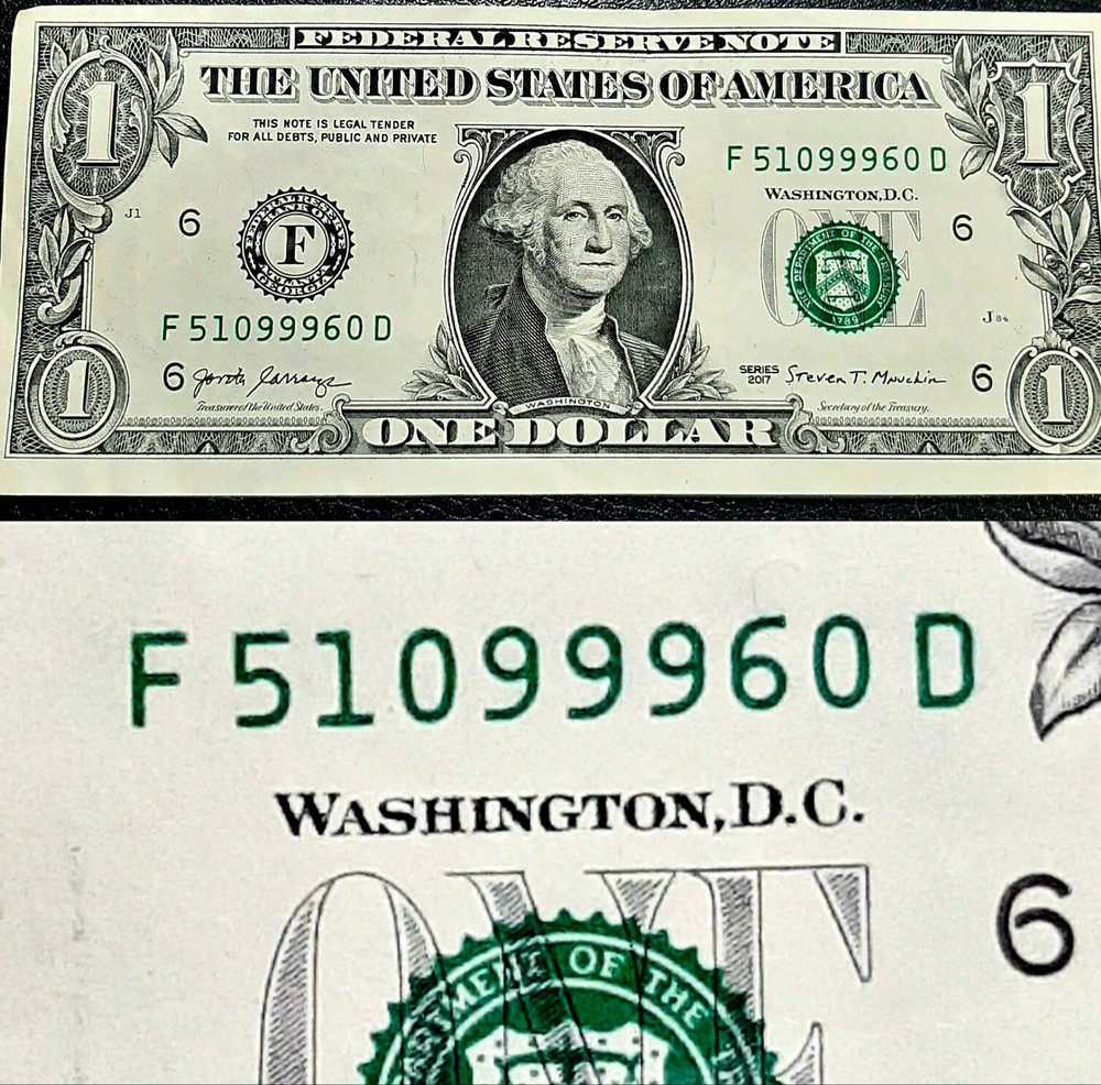 $1 BILL MULTIPLE ERRORS MISALIGNED SERIAL NUMBER& SEAL SHIFT FAR DOWN  ERROR