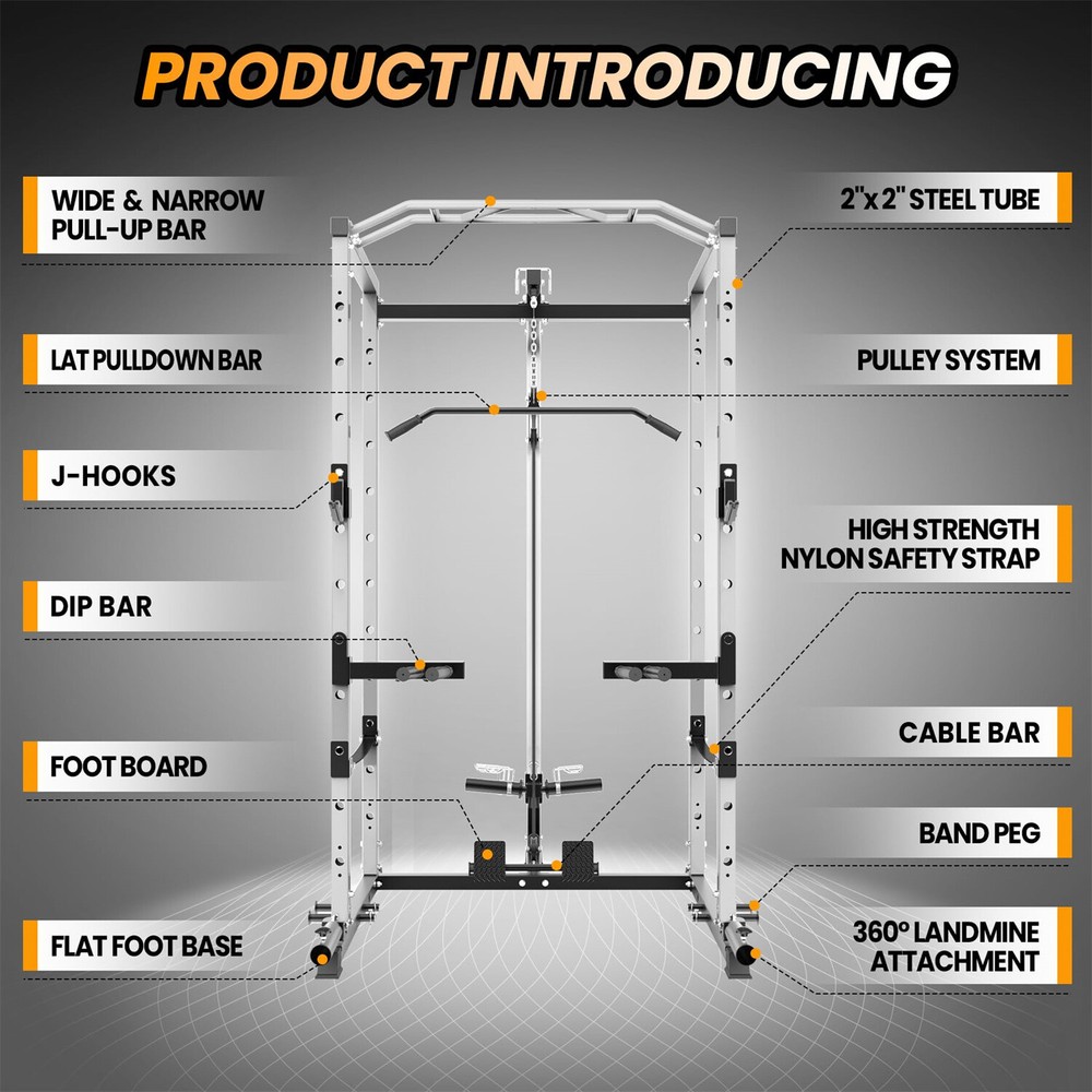 🔥Power Cage Multi-Functional Power Rack with Cable Pulley System and J-Hooks
