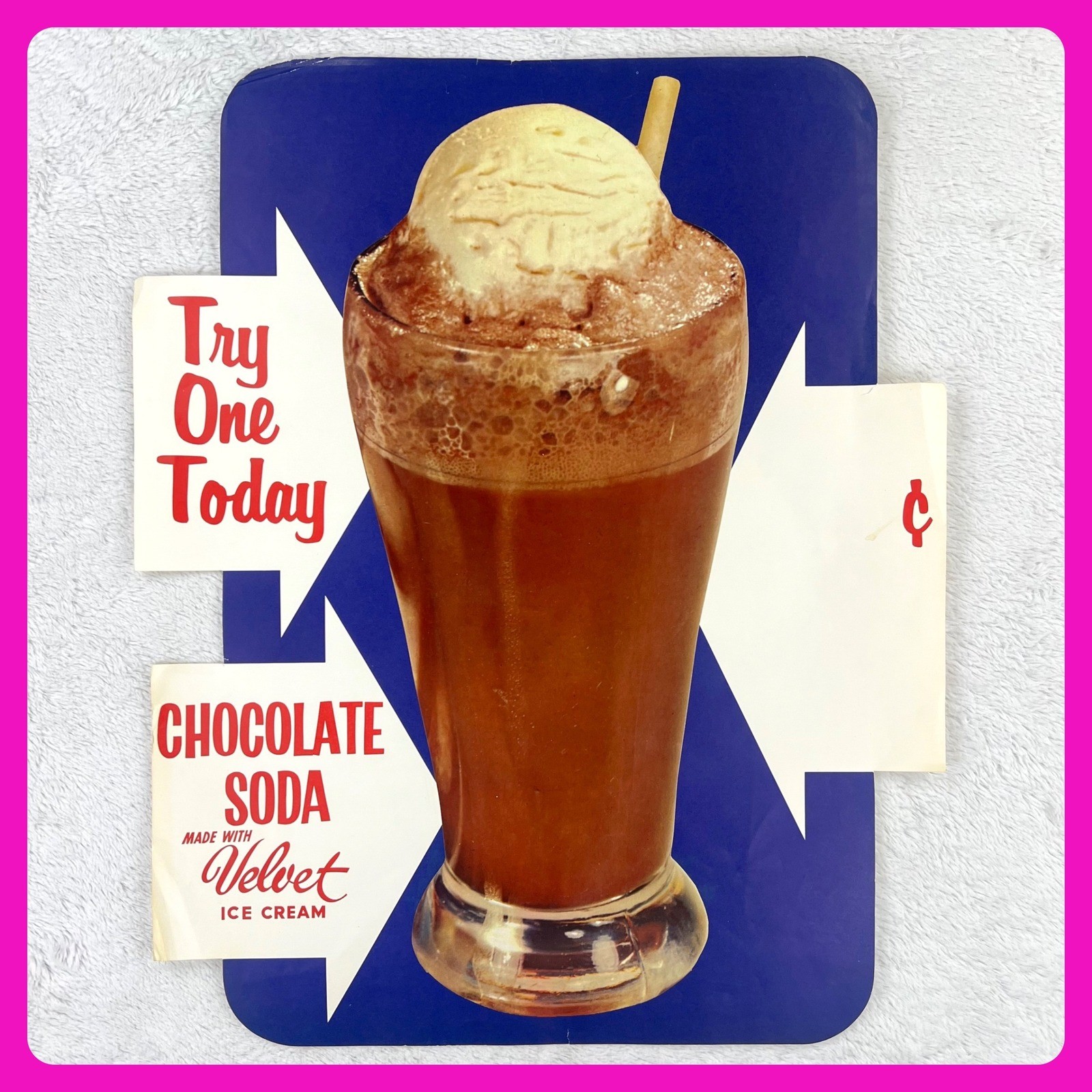 1950s Velvet Ice Cream Chocolate Vintage Diner Sign 25" Paper Soda Fountain USA
