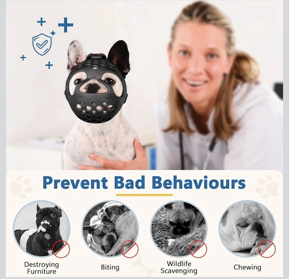 BARKLESS Short Snout Dog Muzzle, Soft Silicone Flat Faced Muzzle