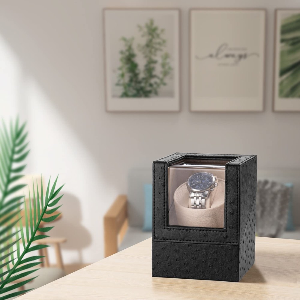 Efaithtek Automatic Single Watch Winder in Black Ostrich Pattern Leather