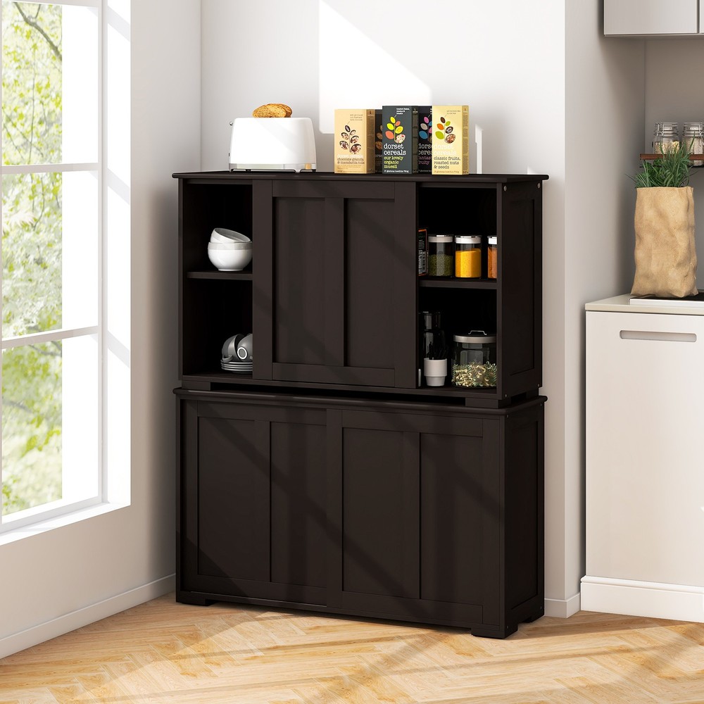 2PCS Stackable Buffet Sideboard w/ Sliding Doors & Adjustable Shelf Brown
