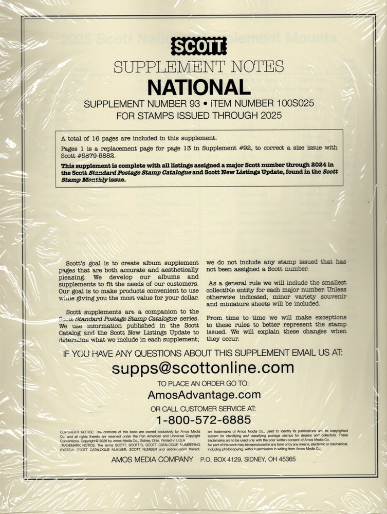 Scott National US Supplement 2025 #93 100S025 FREE U.S. Shipping w/$50 Order