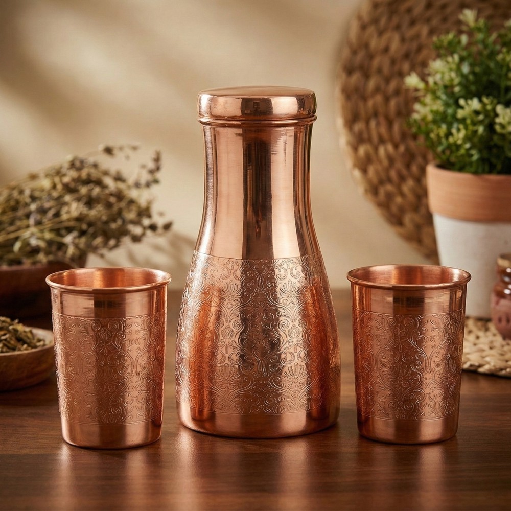 Pure Copper Water Carafe Set-Bedside Bottle