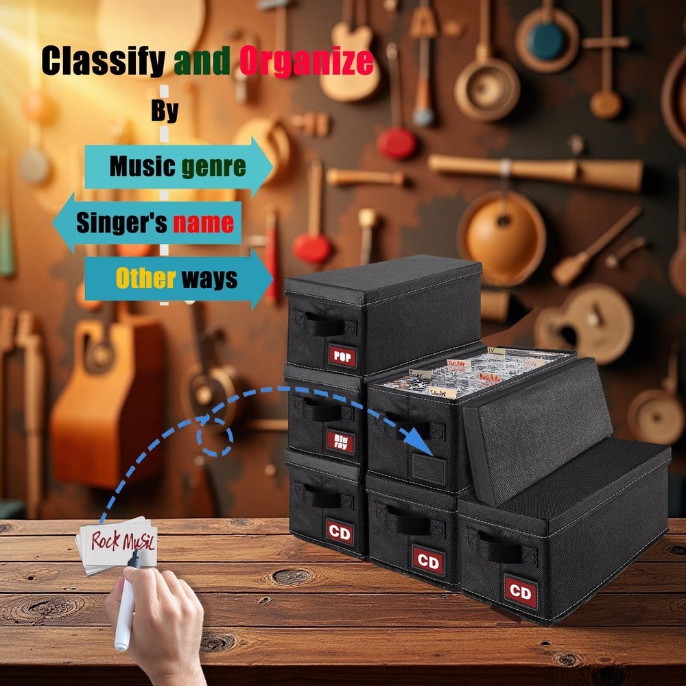 CD Storage Case, 6P CD Storage Boxes with Lids,Collapsible CD Organizer Holds...