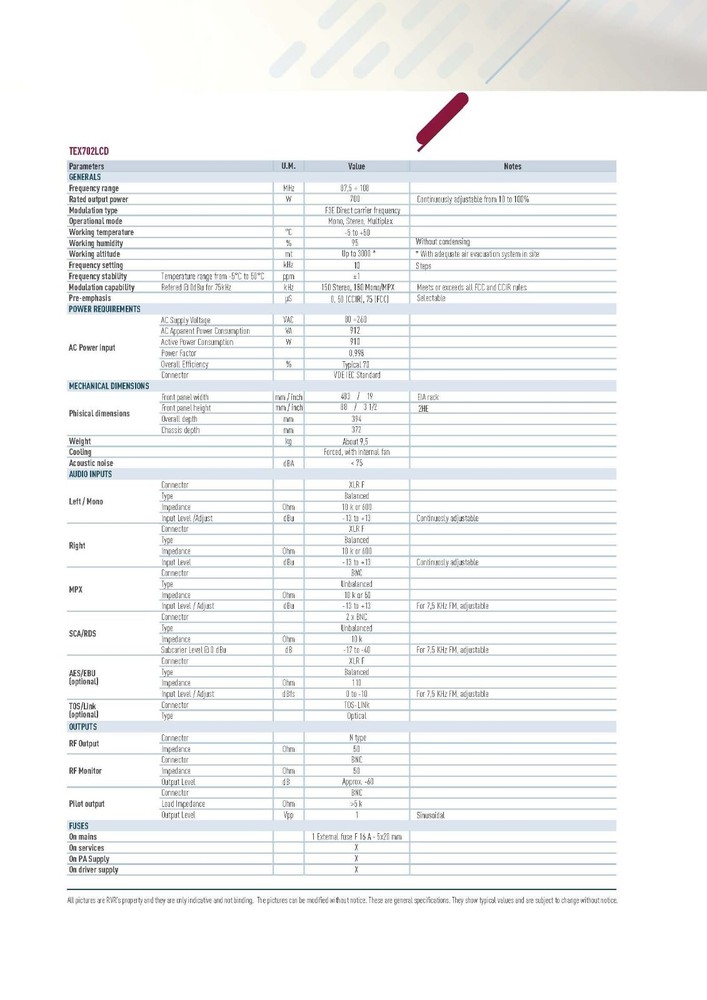 Broadcast RVR TEX 702 LCD 700w FM Transmitter with Encoder Stereo - 88 108 Mhz