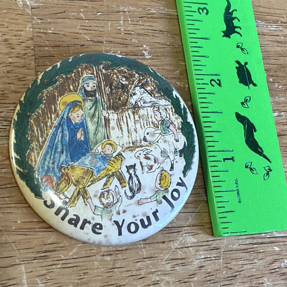 Religious Nativity Scene Share Your Joy Pin Back Button