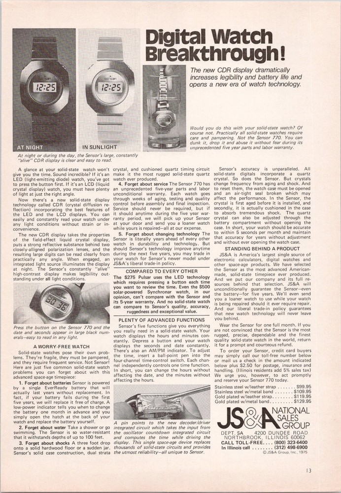JS&A Sensor 770 Digital Watch Vintage 1974 Print Ad Black Silver