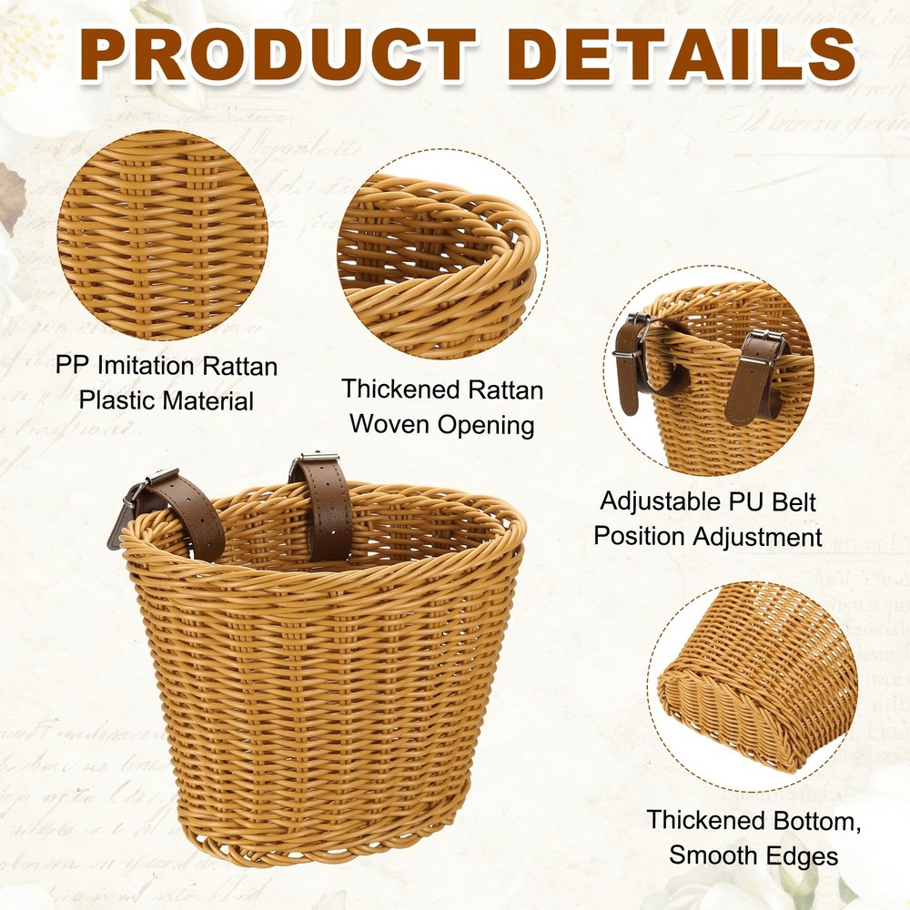 Handwoven Wicker Rainbow Bicycle Basket with Adjustable, Brown