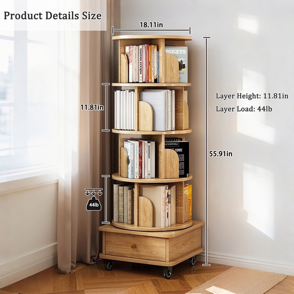 5 -Tier Rotating Bookshelf Freestanding Bookcase Storage Display Rack w/ Wheels