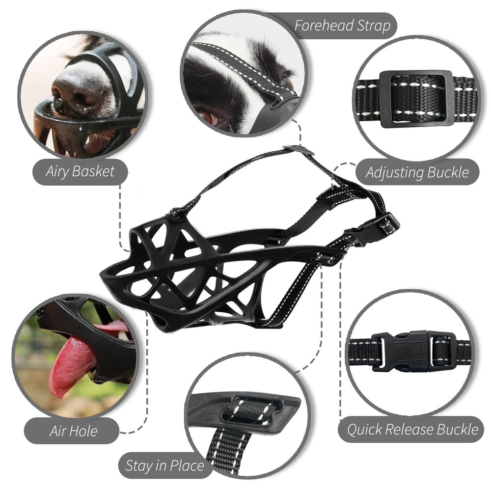 BARKLESS Dog Muzzle, Soft Basket Muzzle for Medium S(Snout 6.75-8.25"), Black