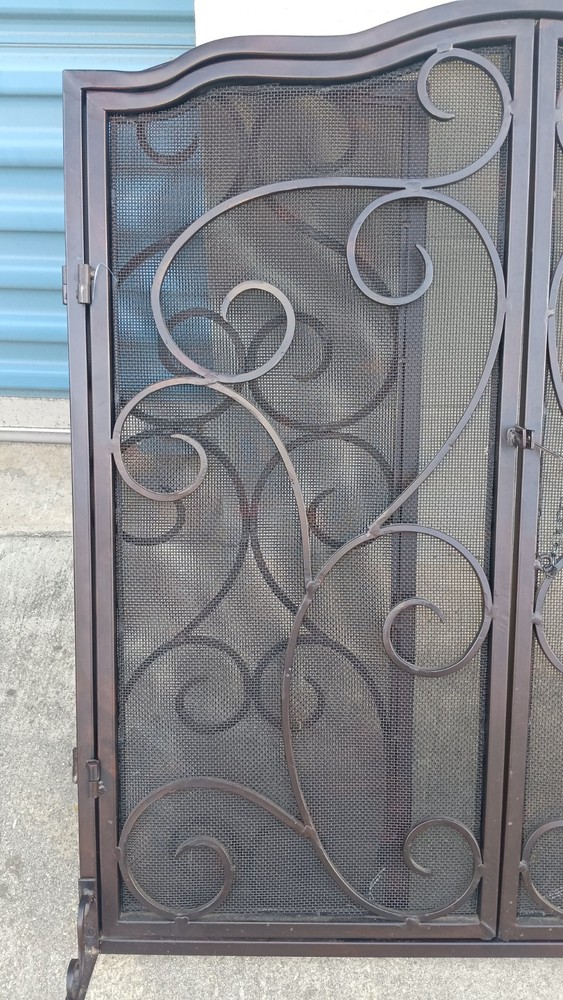 Modern 3 Panel Iron Folding Fireplace Screen with Doors, Black