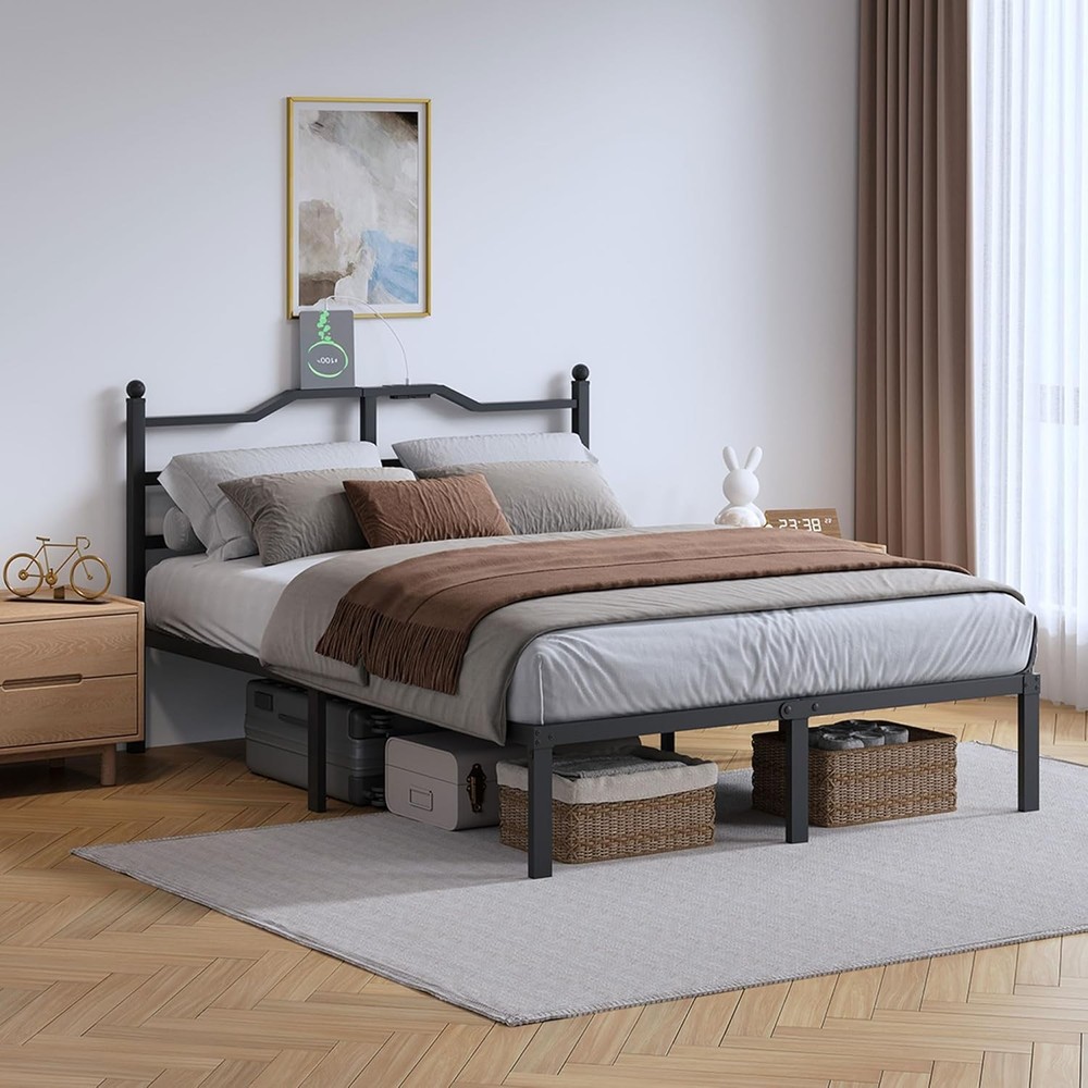14 Inch Metal Bed Frame Full Size Heavy Duty Bedframe W/ Headboard Black Basic