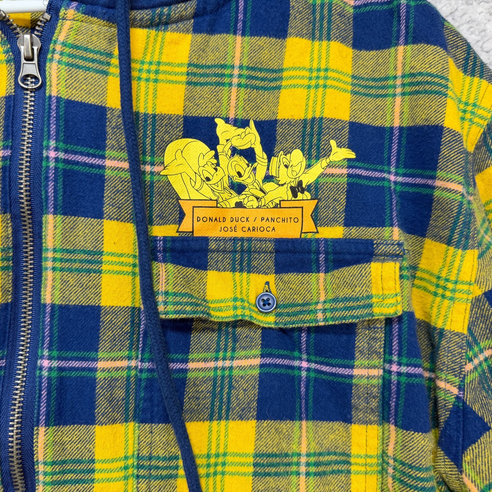Disney Parks The Three Caballeros Full Zip Hoodie Yellow Blue Plaid Size Large