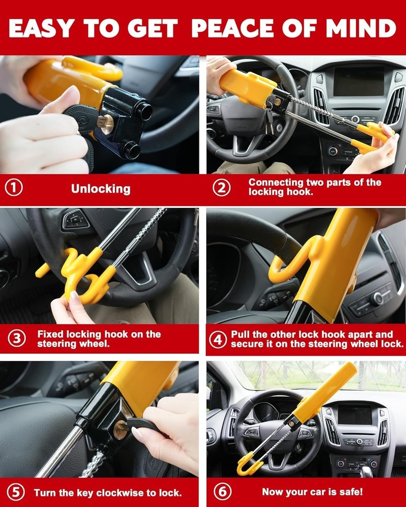 Tevlaphee Steering Wheel Lock - Heavy Duty Antitheft Device& Car Security Yellow