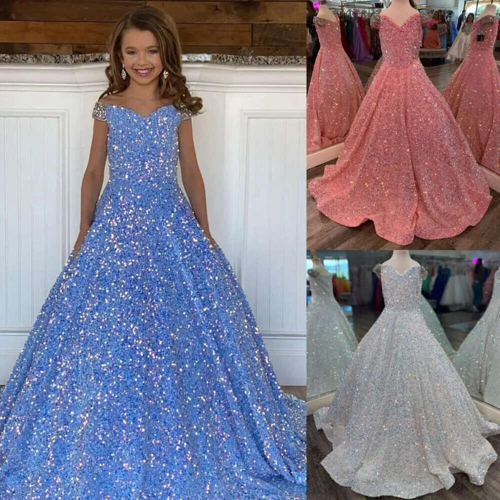 Girl Pageant Dress Veet Sequin Off Shoulder little Kid Birthday Formal PartyGown