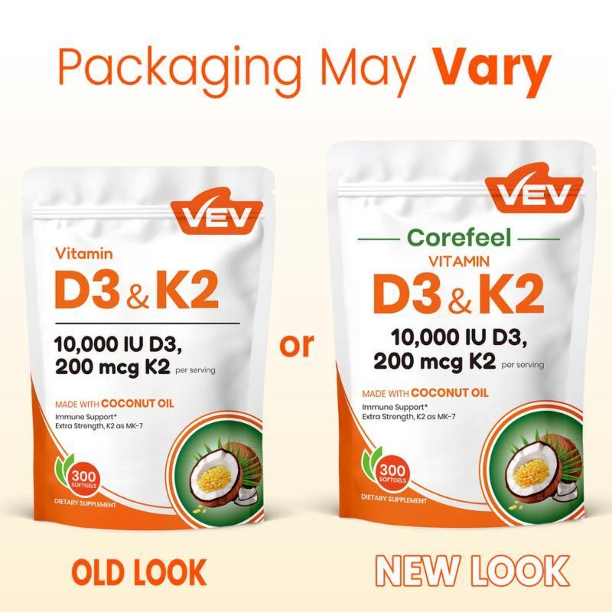 VEV Vitamin D3 K2 10000 IU, 300 Coconut Oil Softgels, 2-in-1 D & K Supplement