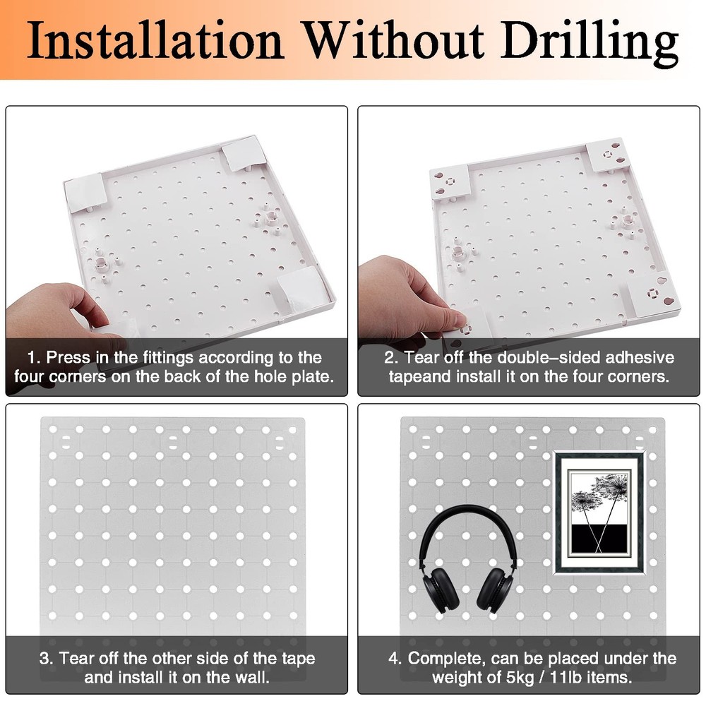 4 PCS White Pegboard Wall Organizer Self-Adhesive Peg Board Wall Panel Kits S...
