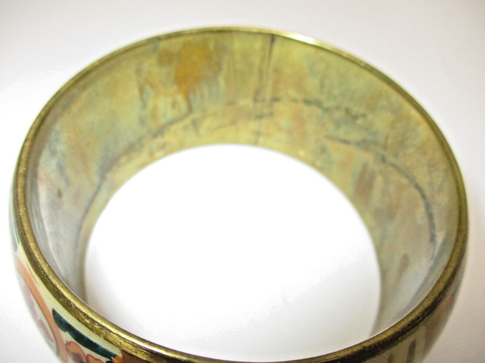 Wide 1⅜" brass bangle - metal with Patterned flower & colors