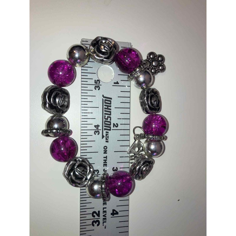 Purple Crystals Silver-Tone Beaded Charm Bracelet!