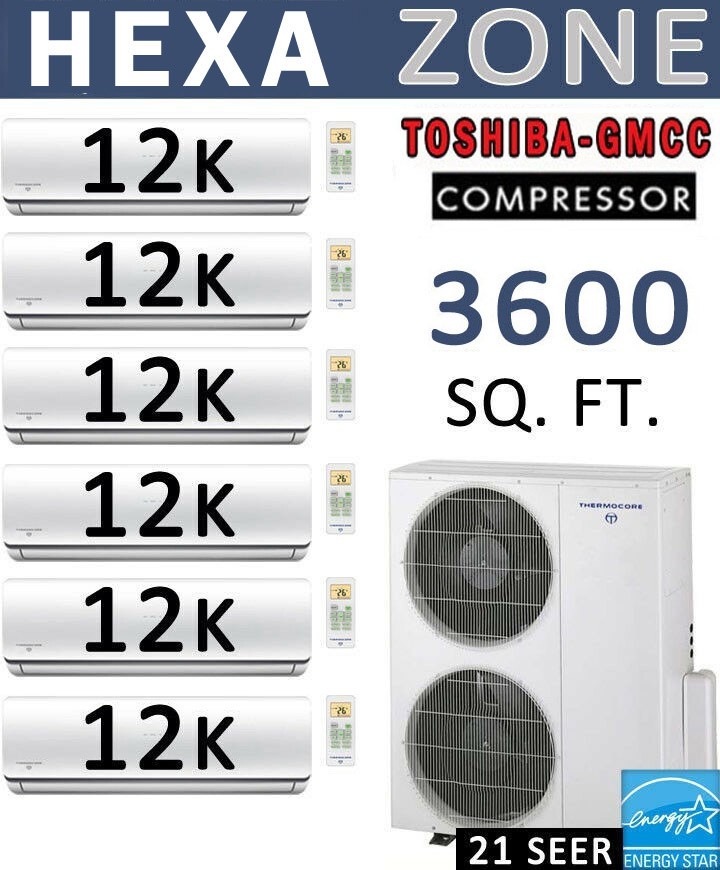 72000 BTU HEXA Zone Ductless Mini Split Air Conditioner - Heat Pump: 12000 x 6