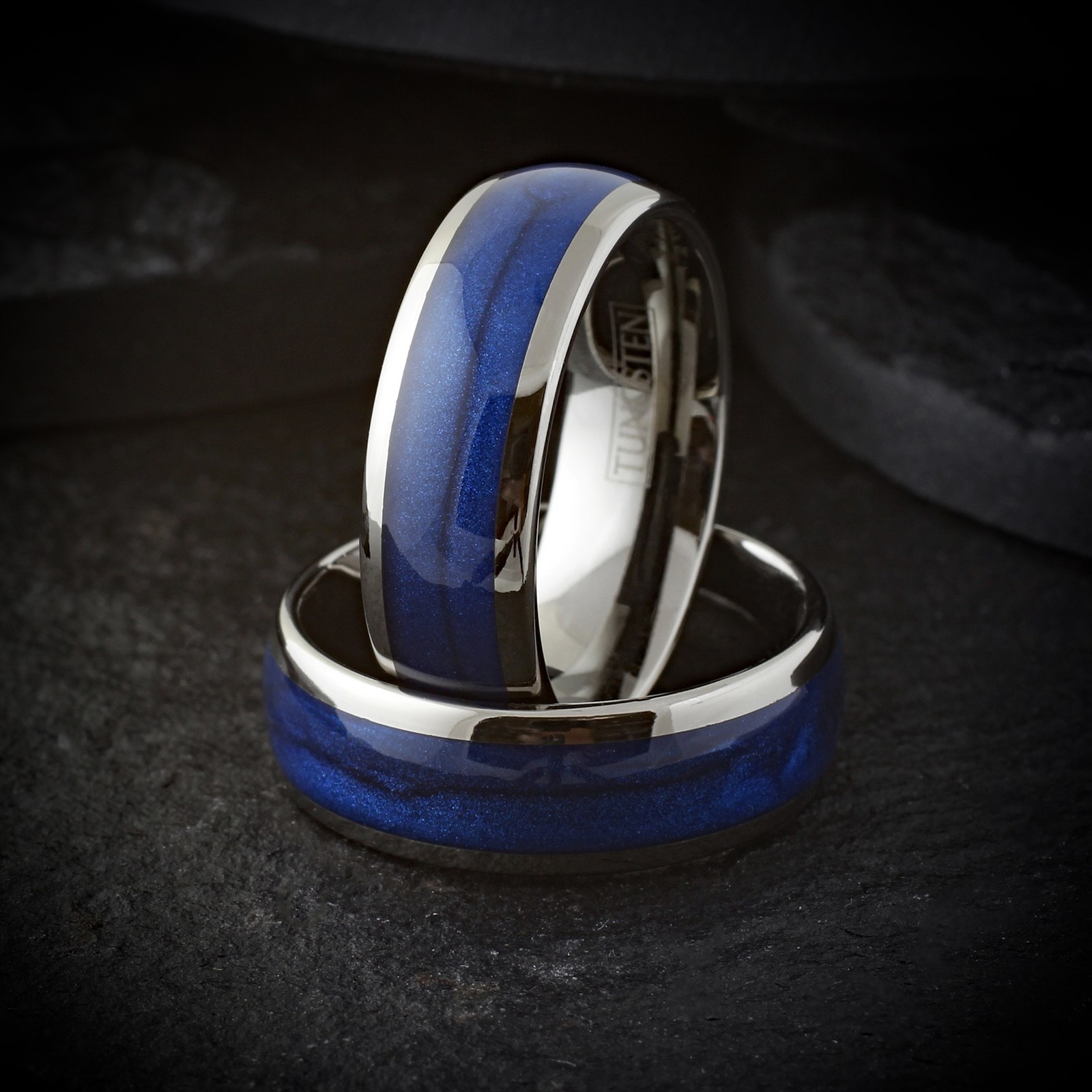 Gunmetal Tungsten Carbide Blue Flowing Sand Wedding Band Ring