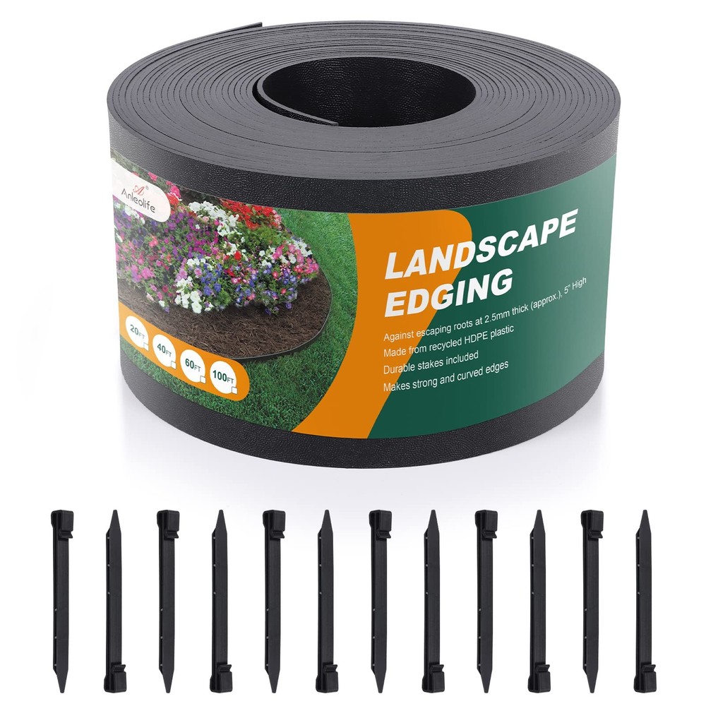 A ANLEOLIFE 20ft Flexible Plastic Landscape Edging Coil, 5" Black