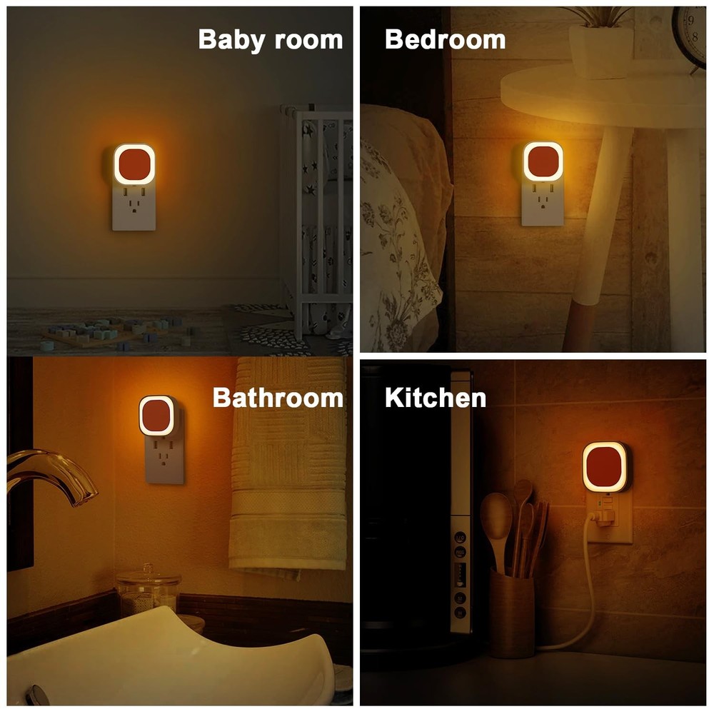 2 Pack Plug in Amber Night Light, Auto Dusk to Dawn, Soft Glow, Dimmable, Dif...