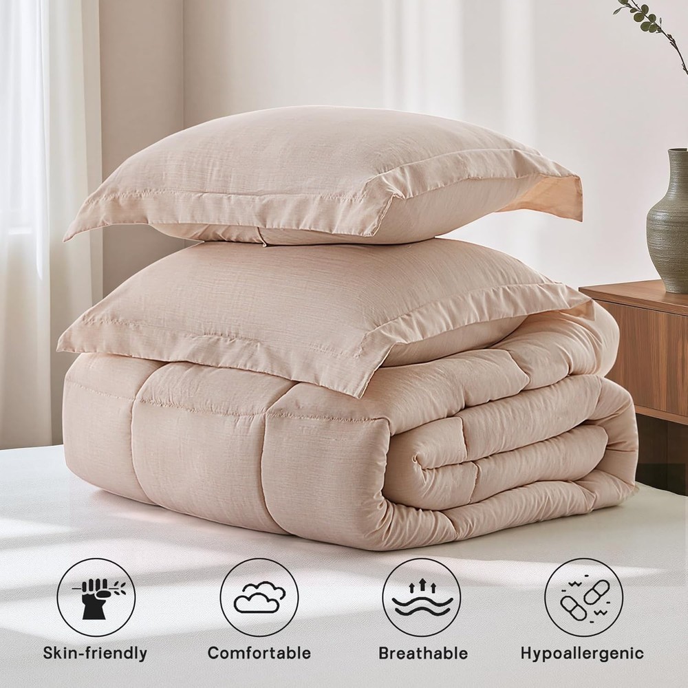 Modern 3-Piece Queen Comforter Set: Lightweight, Breathable Beige Bedding