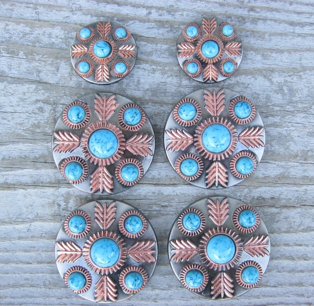 Saddle Set Feathered Turquoise Concho Screw Back Copper Feathers 1" 1-1/2"