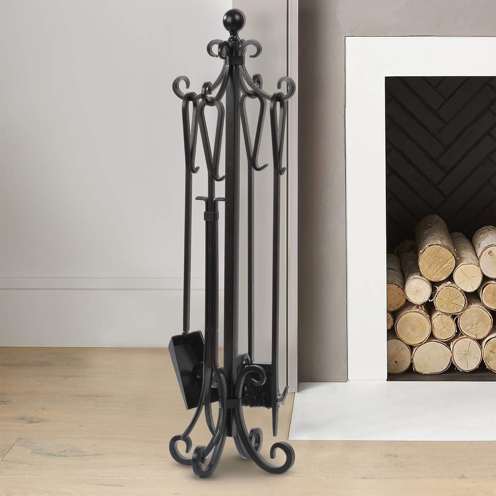 5-Piece Black Fireplace Tools Set with Log Holder - Rustic Antique Accessories