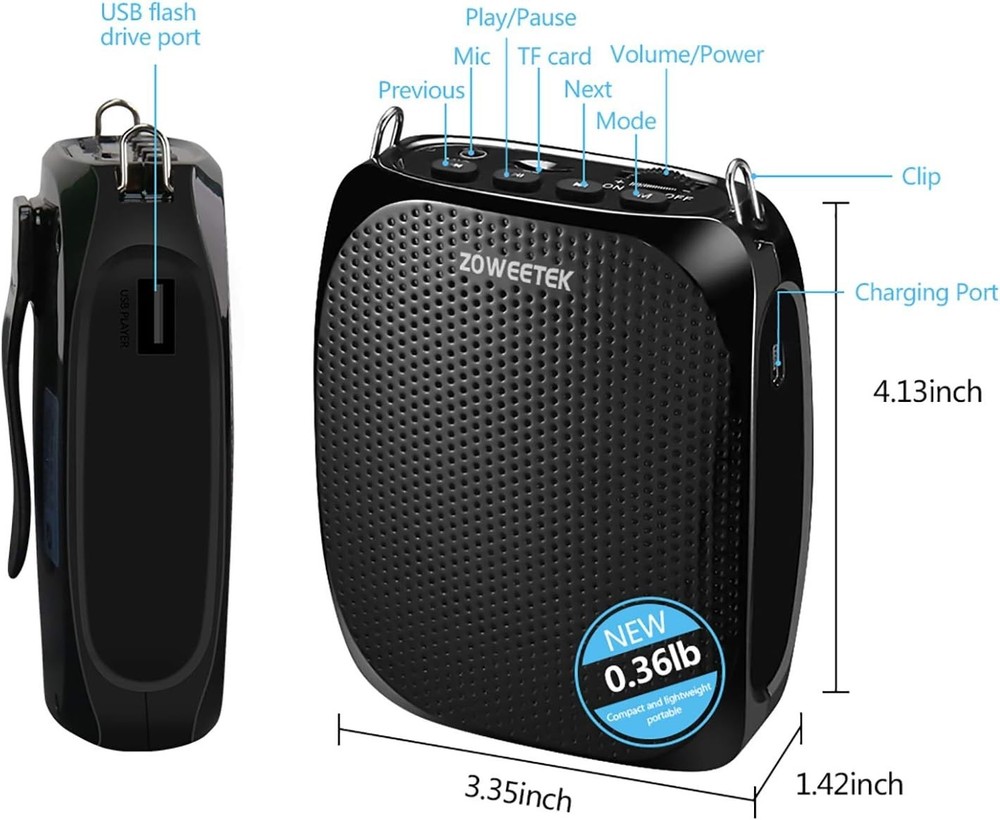 10W Portable Voice Amplifier with MP3 Support and Adjustable Headset - Black