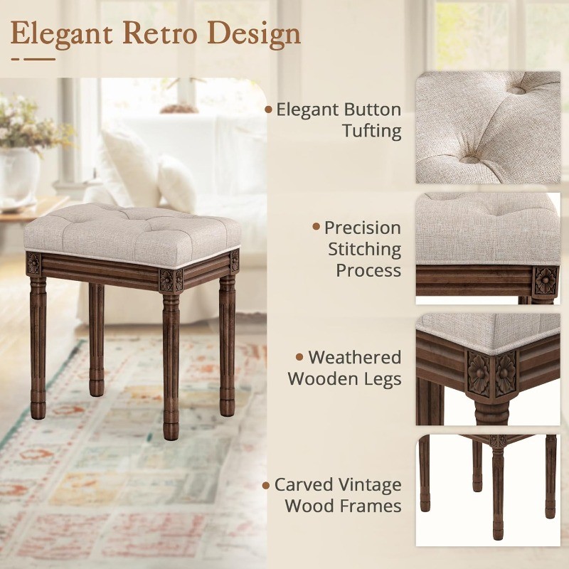 Upholstered Fabric Vanity Bench Seat, Makeup Stools for Vanity, Square Tufted