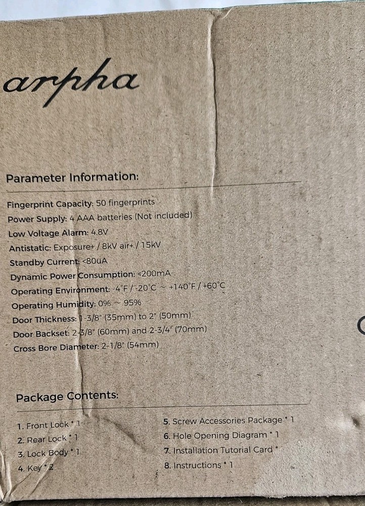 ARPHA Keyless Smart Fingerprint Locking Door Knob Instructions Missing